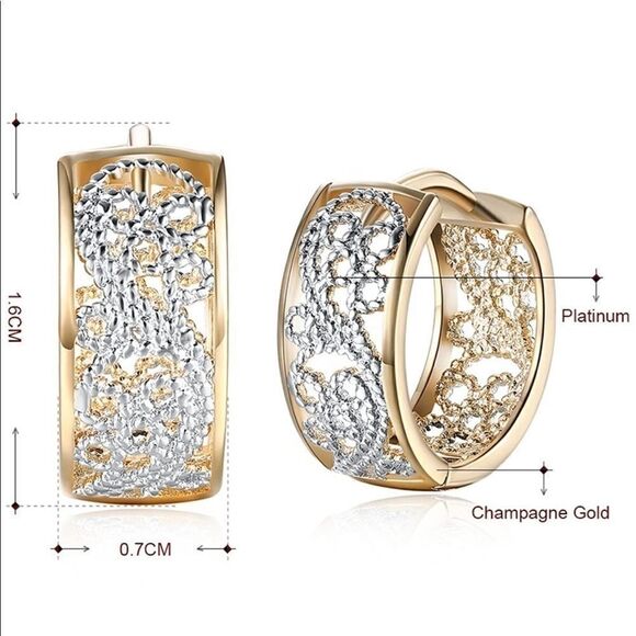 Small 14k Gold Silver Wide Filigree Hoop Earrings, Chunky Huggie Hoops - Picture 5 of 9